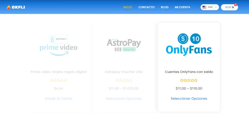 Captura de pantalla de okfli, venta de cuentas OnlyFans con saldo